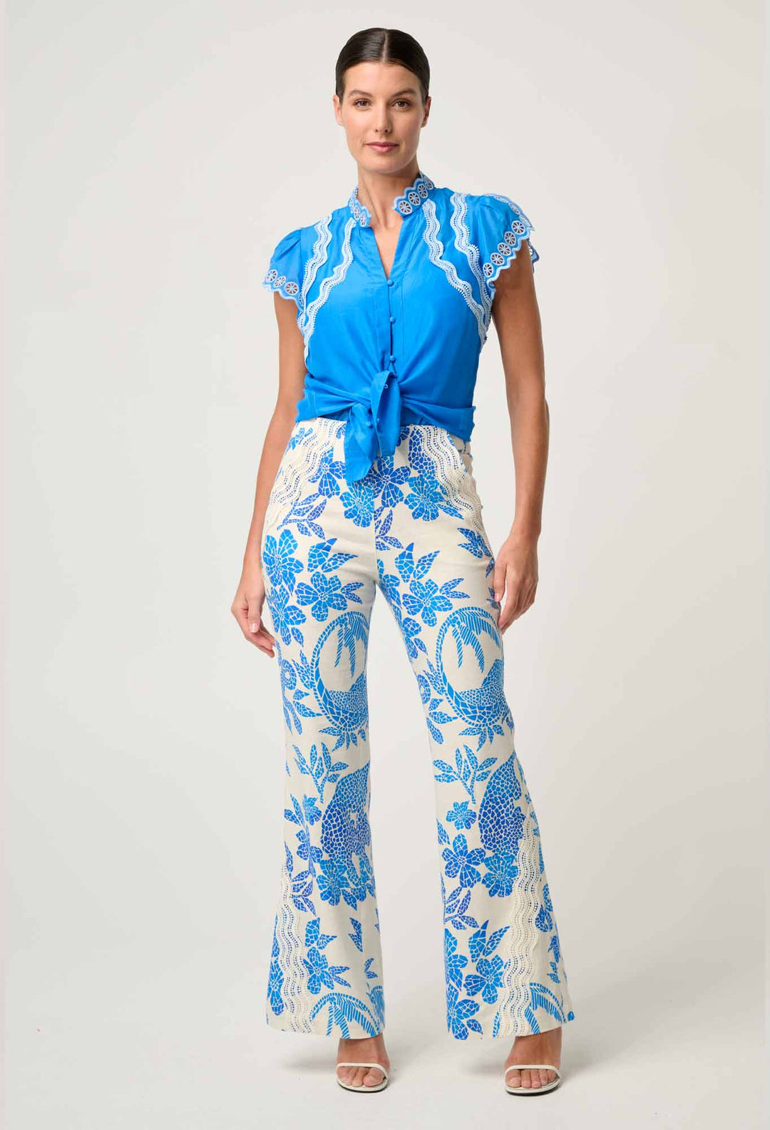 OnceWas Thalassa Embroidered Silk Cotton Flutter Sleeve Top in Blue Topaz