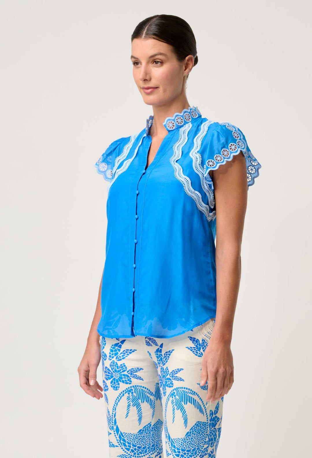 OnceWas Thalassa Embroidered Silk Cotton Flutter Sleeve Top in Blue Topaz