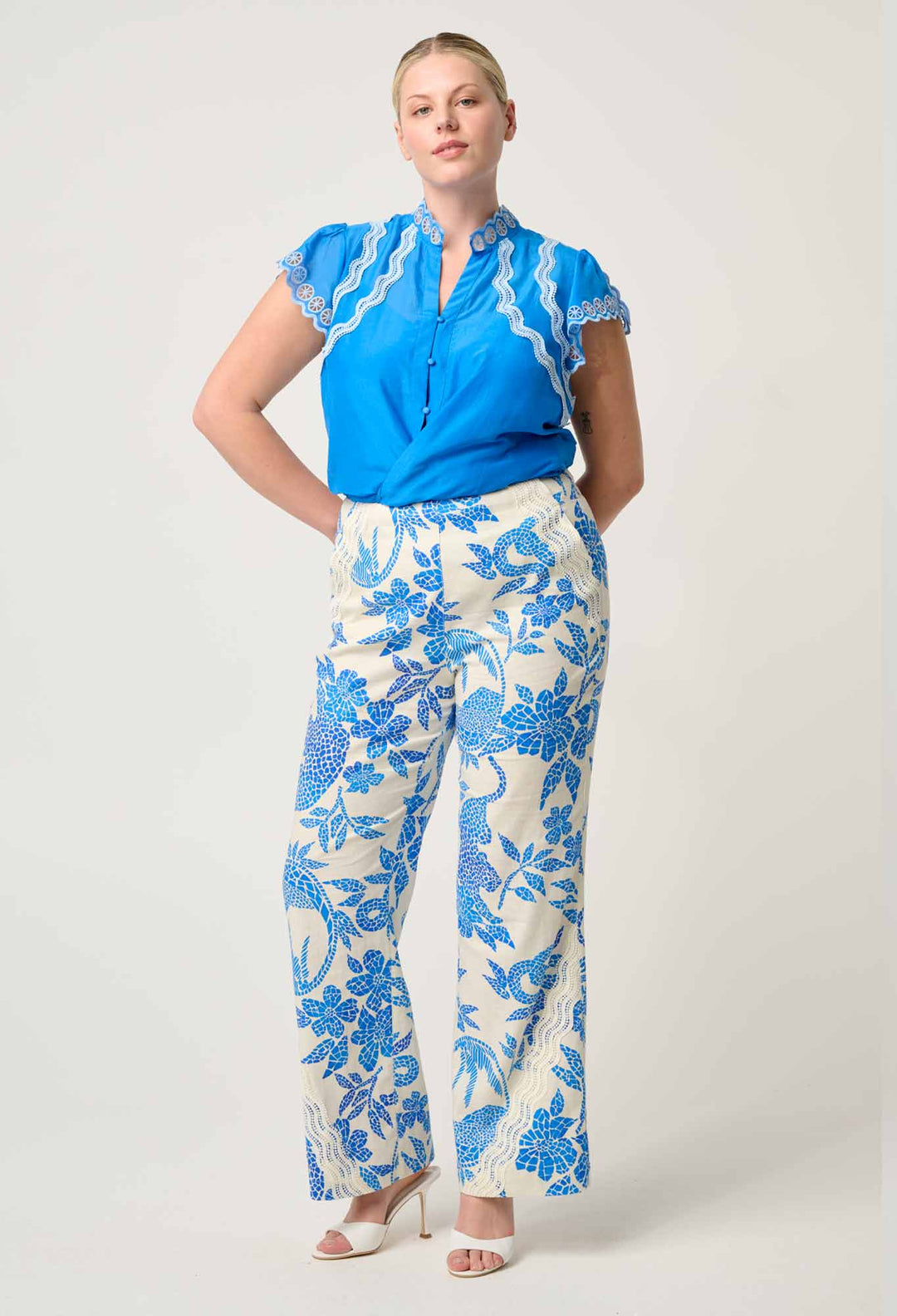 OnceWas Thalassa Embroidered Silk Cotton Flutter Sleeve Top in Blue Topaz