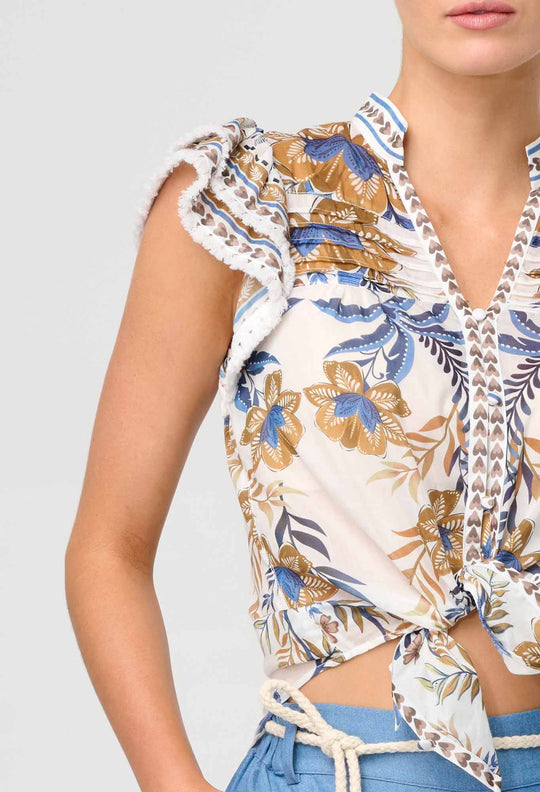 OnceWas Luma Silk Cotton Flutter Sleeve Top in Golden Medina