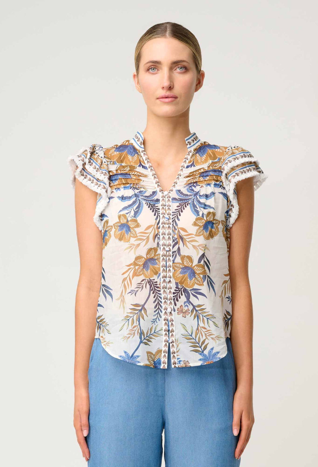 OnceWas Luma Silk Cotton Flutter Sleeve Top in Golden Medina
