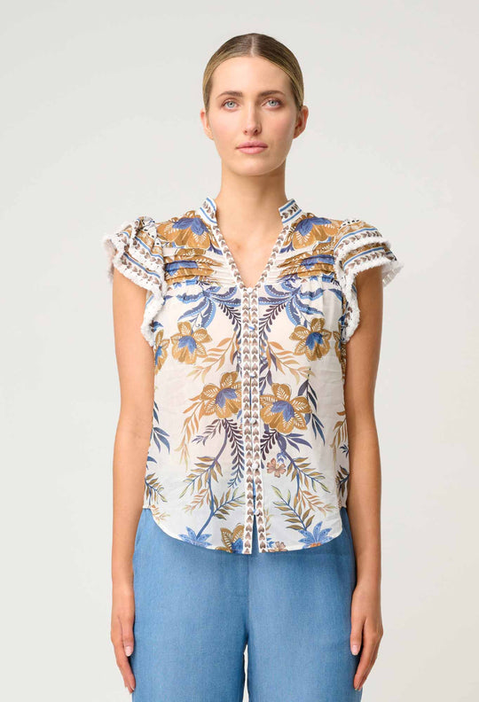 OnceWas Luma Silk Cotton Flutter Sleeve Top in Golden Medina