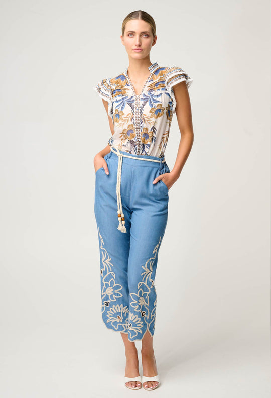 OnceWas Luma Silk Cotton Flutter Sleeve Top in Golden Medina