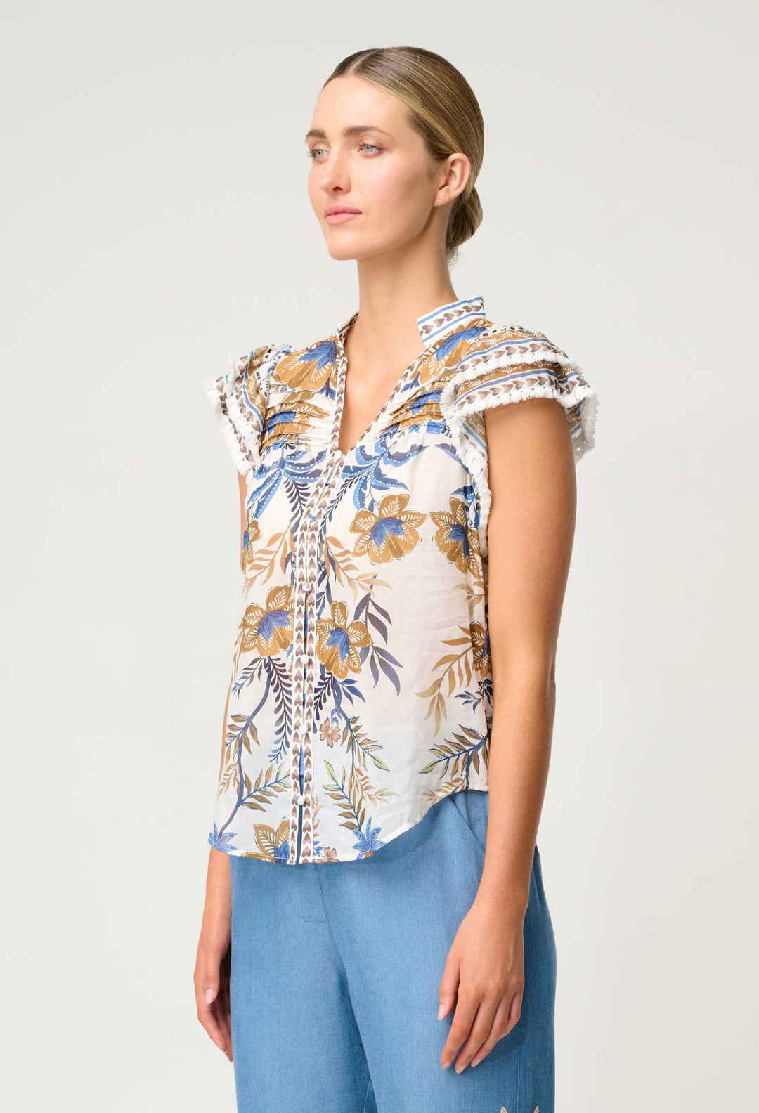 OnceWas Luma Silk Cotton Flutter Sleeve Top in Golden Medina