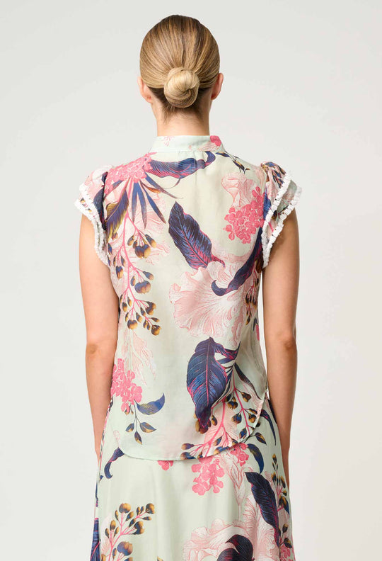 OnceWas Luma Cotton Silk Flutter Sleeve Top in Oasis Flora