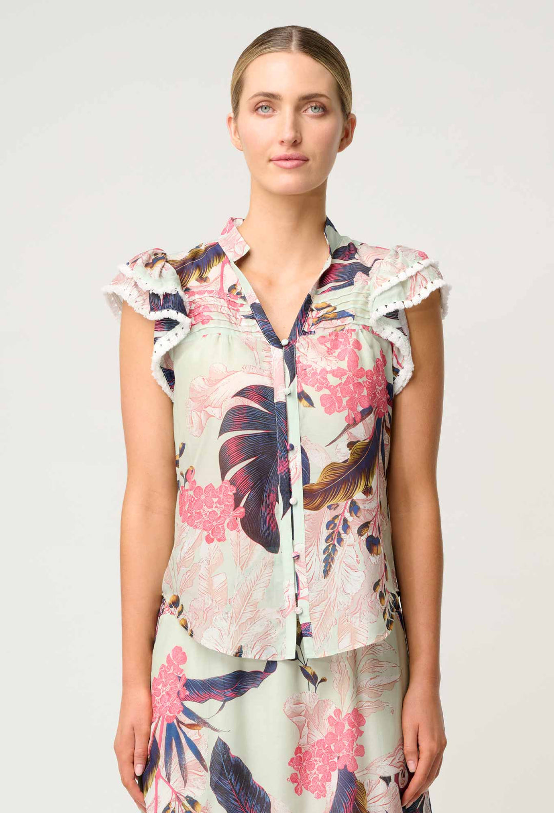 OnceWas Luma Cotton Silk Flutter Sleeve Top in Oasis Flora