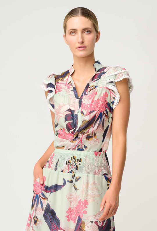OnceWas Luma Cotton Silk Flutter Sleeve Top in Oasis Flora