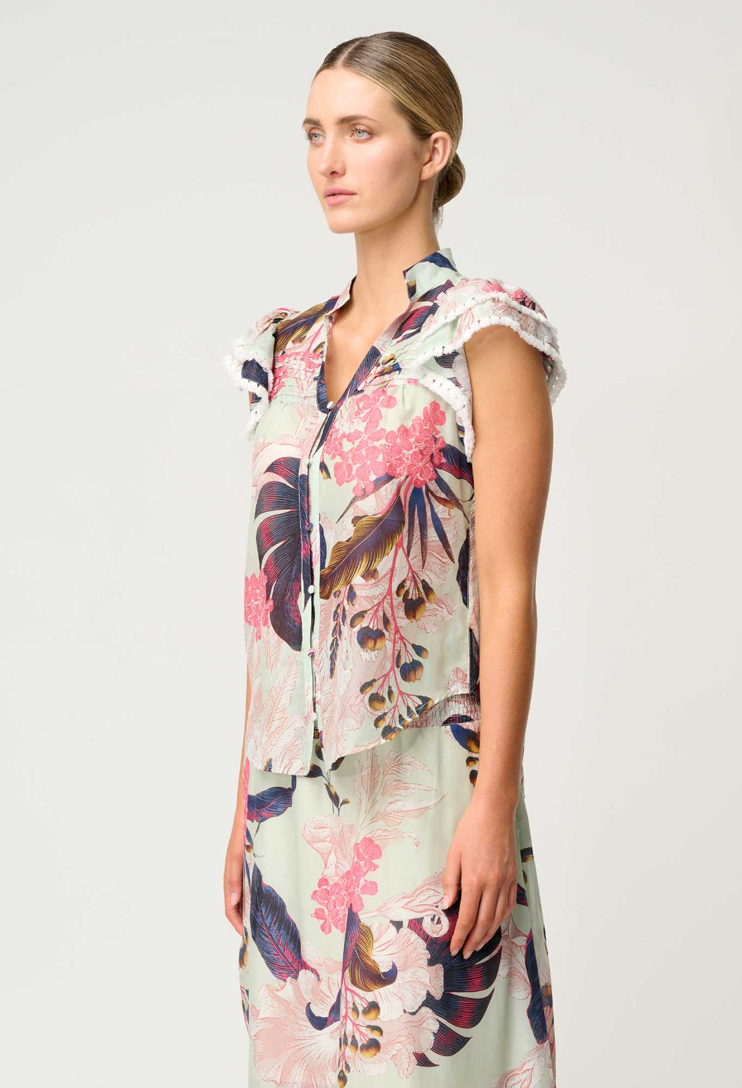 OnceWas Luma Cotton Silk Flutter Sleeve Top in Oasis Flora