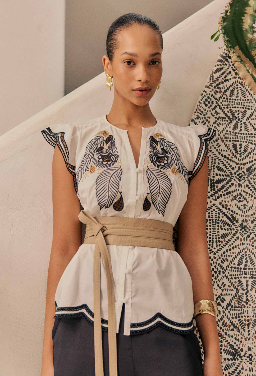 OnceWas Aseel Cotton Flutter Sleeve Embroidered Top in Ivory