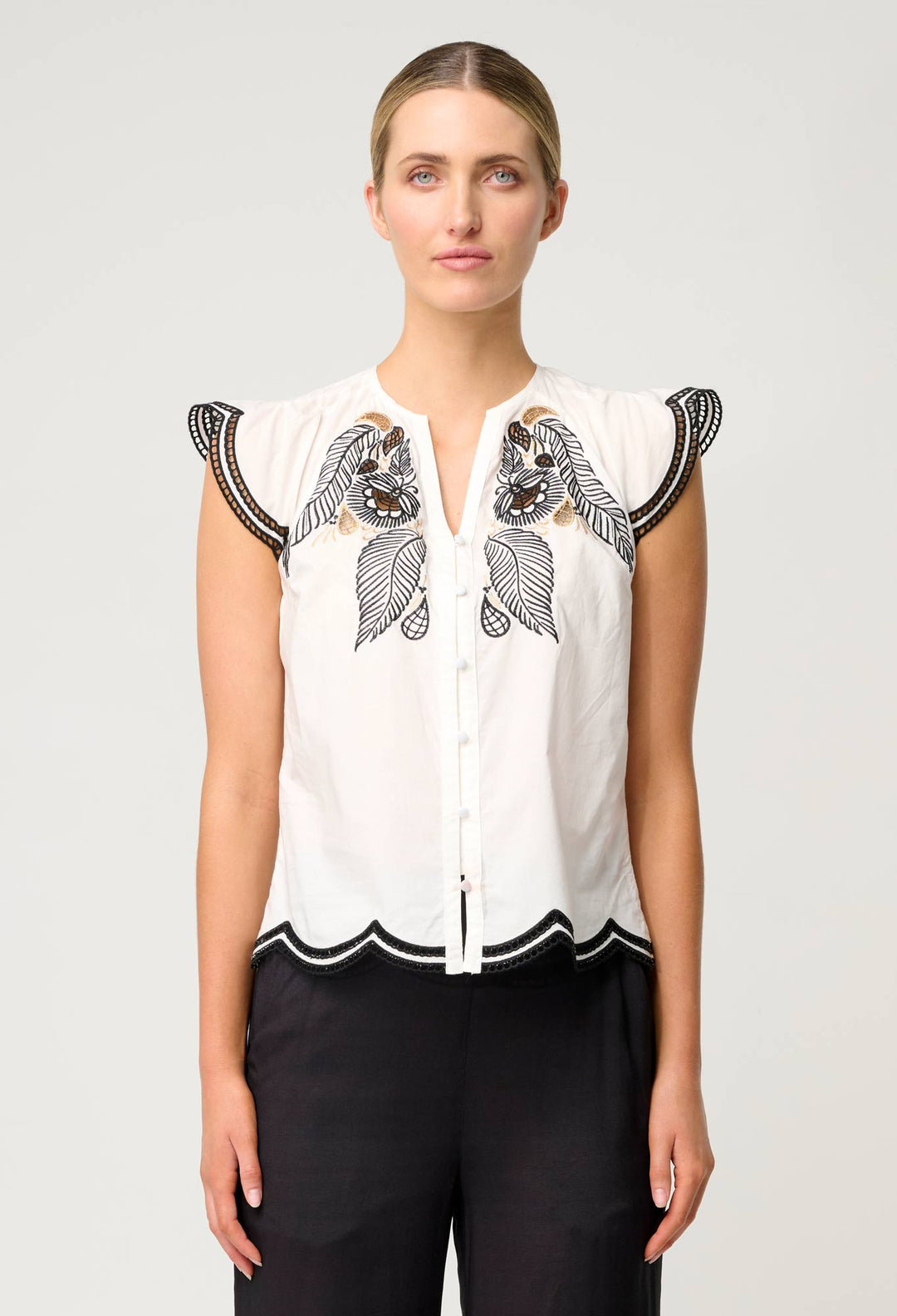 OnceWas Aseel Cotton Flutter Sleeve Embroidered Top in Ivory