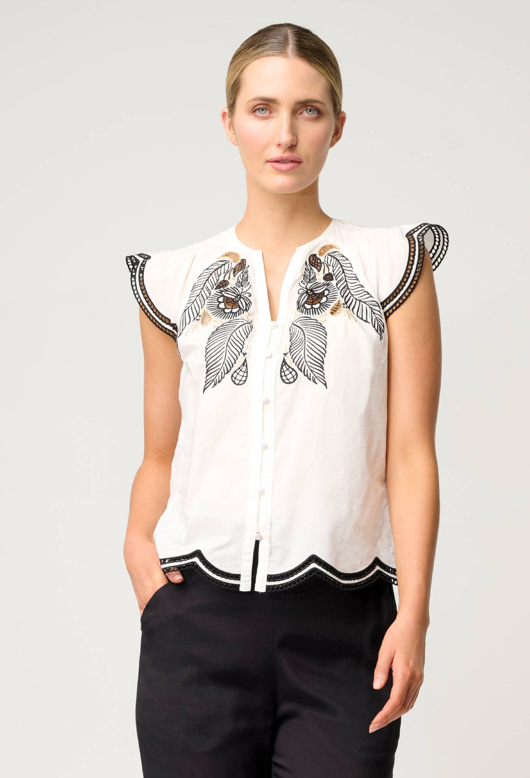 OnceWas Aseel Cotton Flutter Sleeve Embroidered Top in Ivory