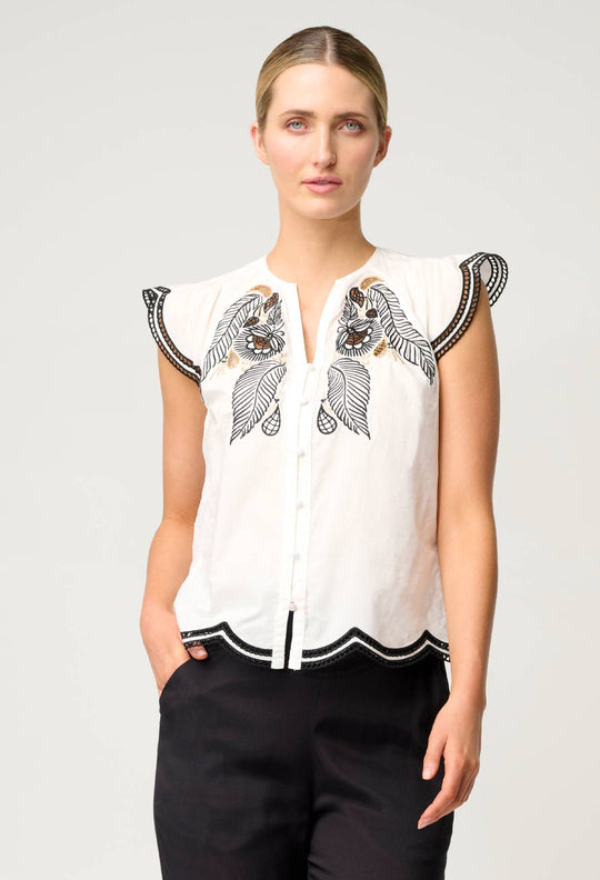 OnceWas Aseel Cotton Flutter Sleeve Embroidered Top in Ivory