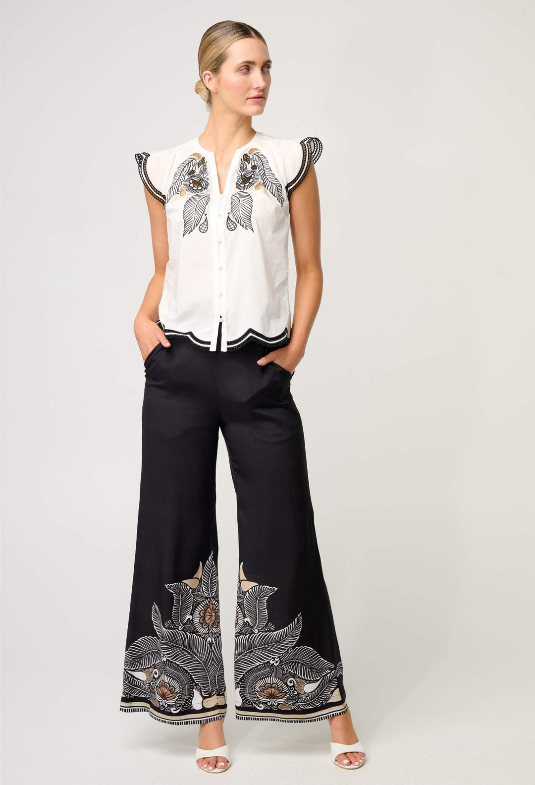 OnceWas Aseel Cotton Flutter Sleeve Embroidered Top in Ivory