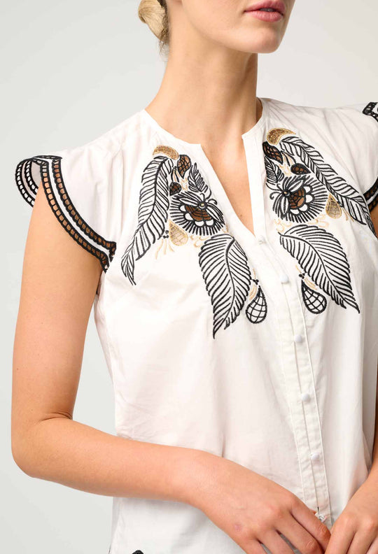 OnceWas Aseel Cotton Flutter Sleeve Embroidered Top in Ivory