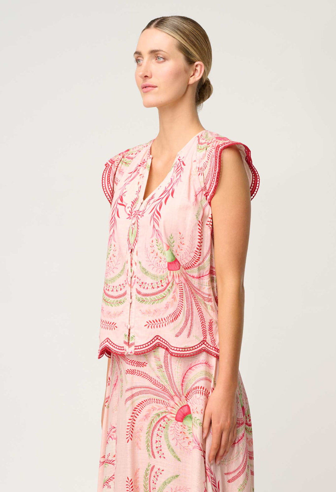 OnceWas Aseel Linen Viscose Embroidered Top in Palmarosa