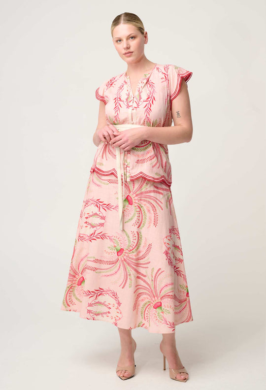 OnceWas Aseel Linen Viscose Embroidered Top in Palmarosa