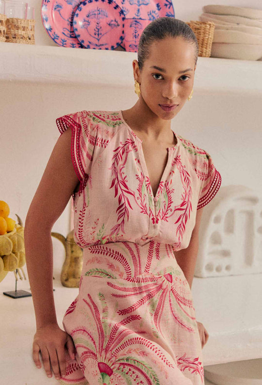 Aseel Linen Viscose Embroidered Top in Palmarosa