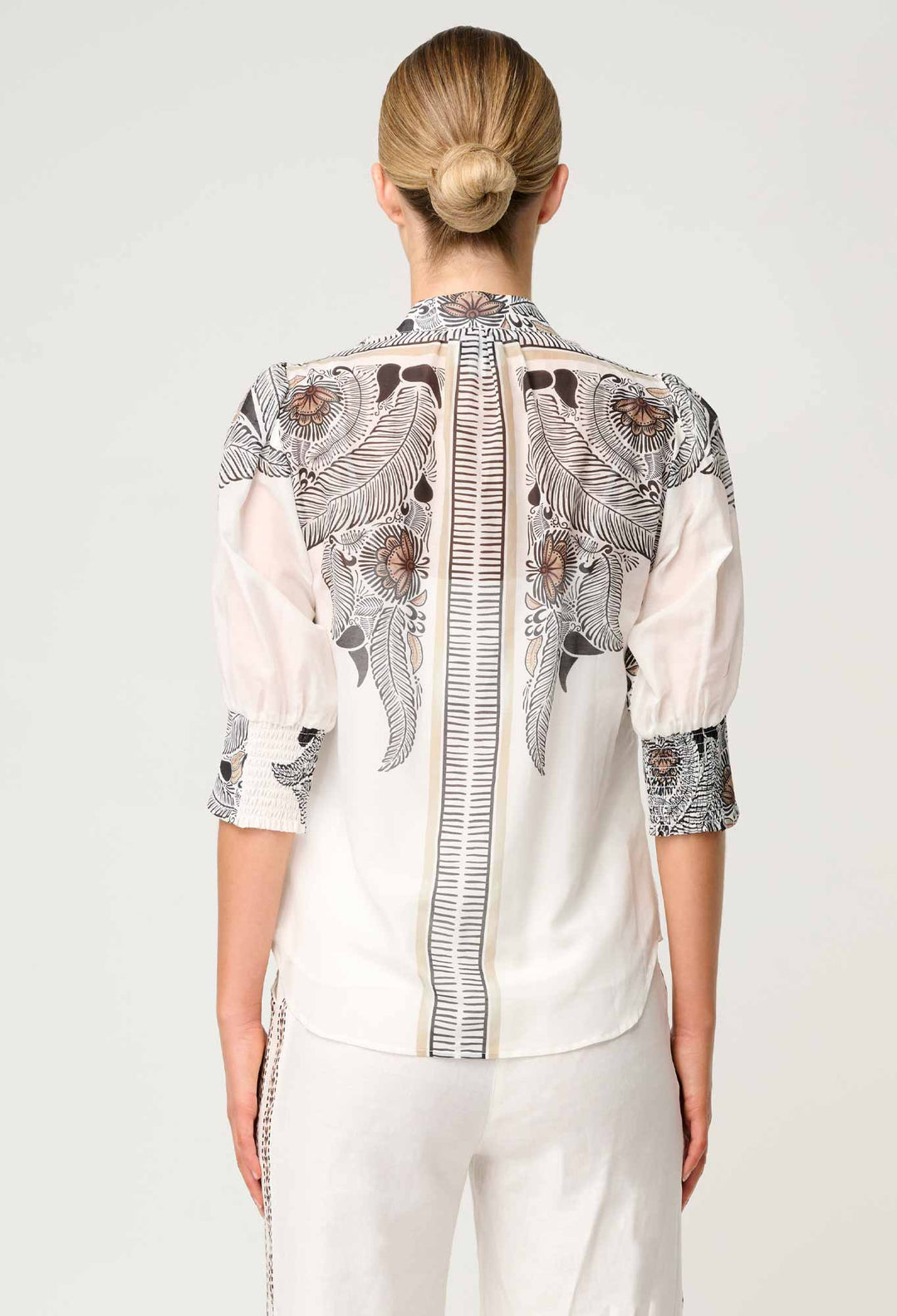 OnceWas Leila Silk Cotton Print Curved Collar Shirt in Ivory Casablanca