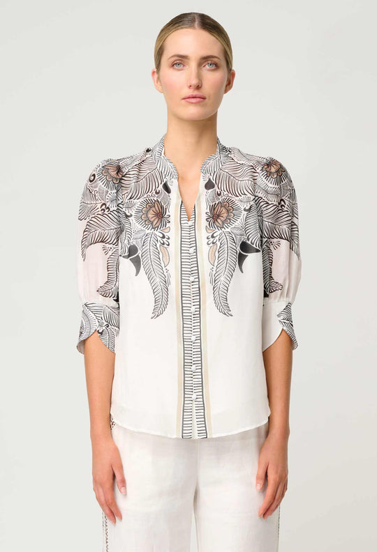 OnceWas Leila Silk Cotton Print Curved Collar Shirt in Ivory Casablanca