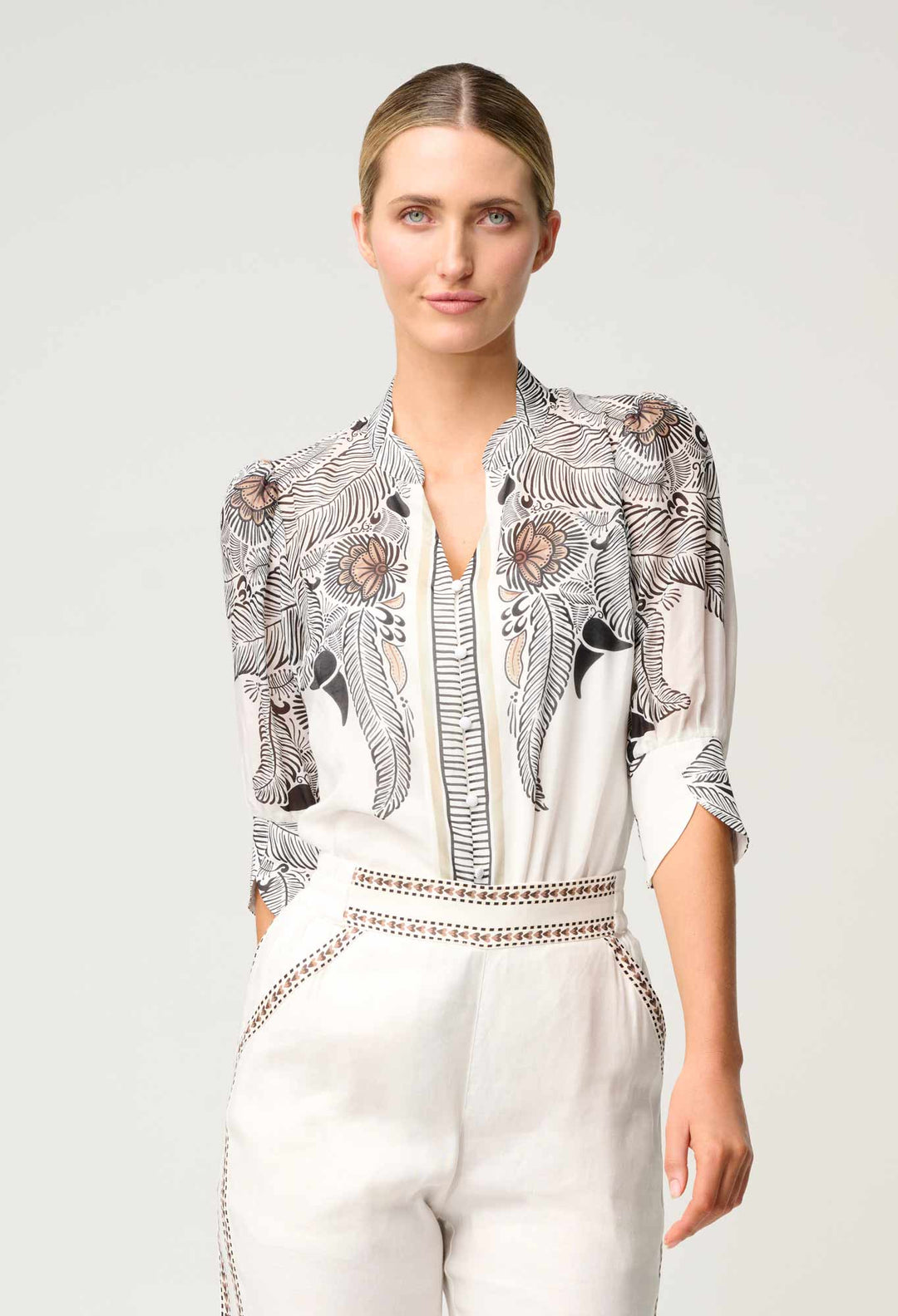 OnceWas Leila Silk Cotton Print Curved Collar Shirt in Ivory Casablanca