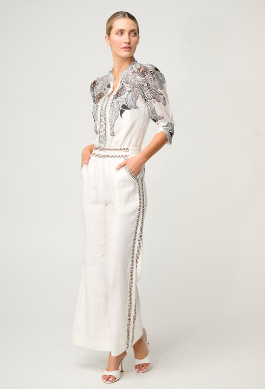 OnceWas Leila Silk Cotton Print Curved Collar Shirt in Ivory Casablanca