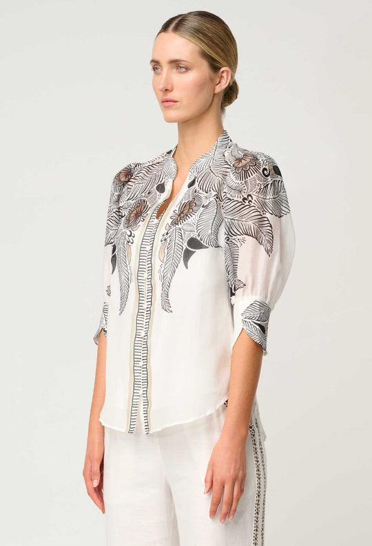 OnceWas Leila Silk Cotton Print Curved Collar Shirt in Ivory Casablanca