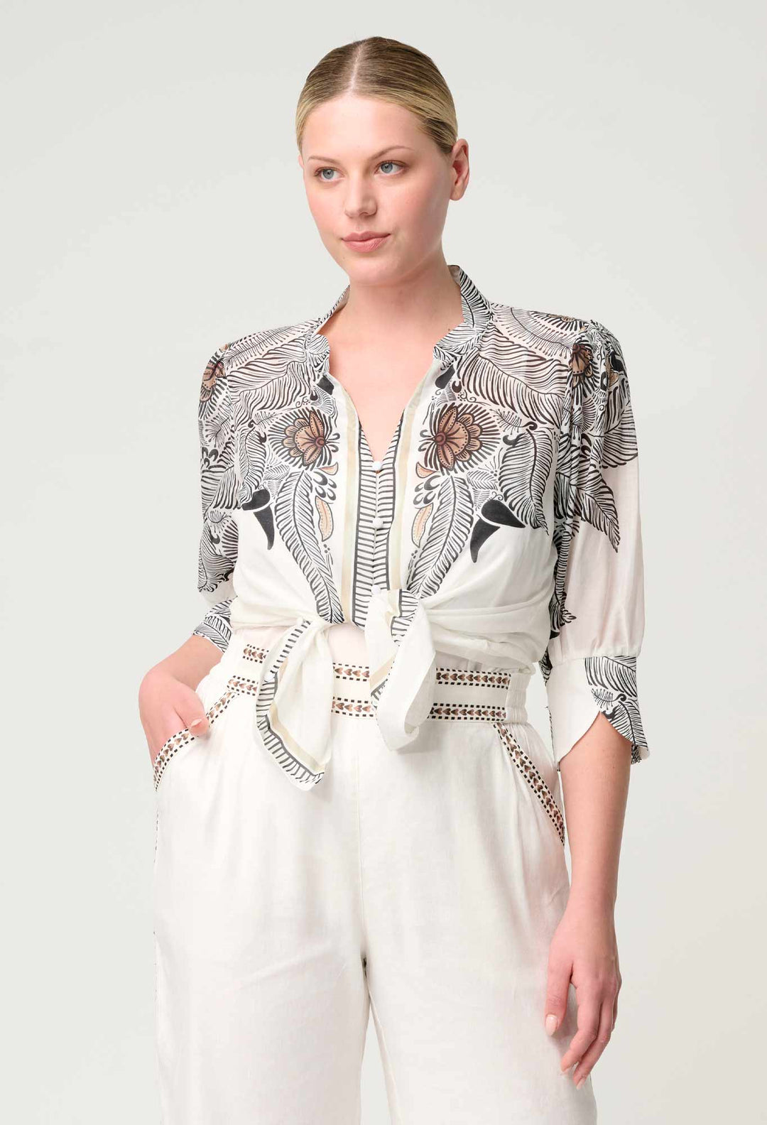 OnceWas Leila Silk Cotton Print Curved Collar Shirt in Ivory Casablanca