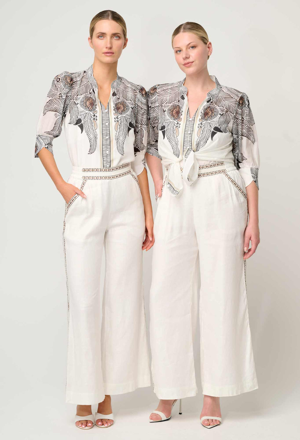 OnceWas Leila Silk Cotton Print Curved Collar Shirt in Ivory Casablanca