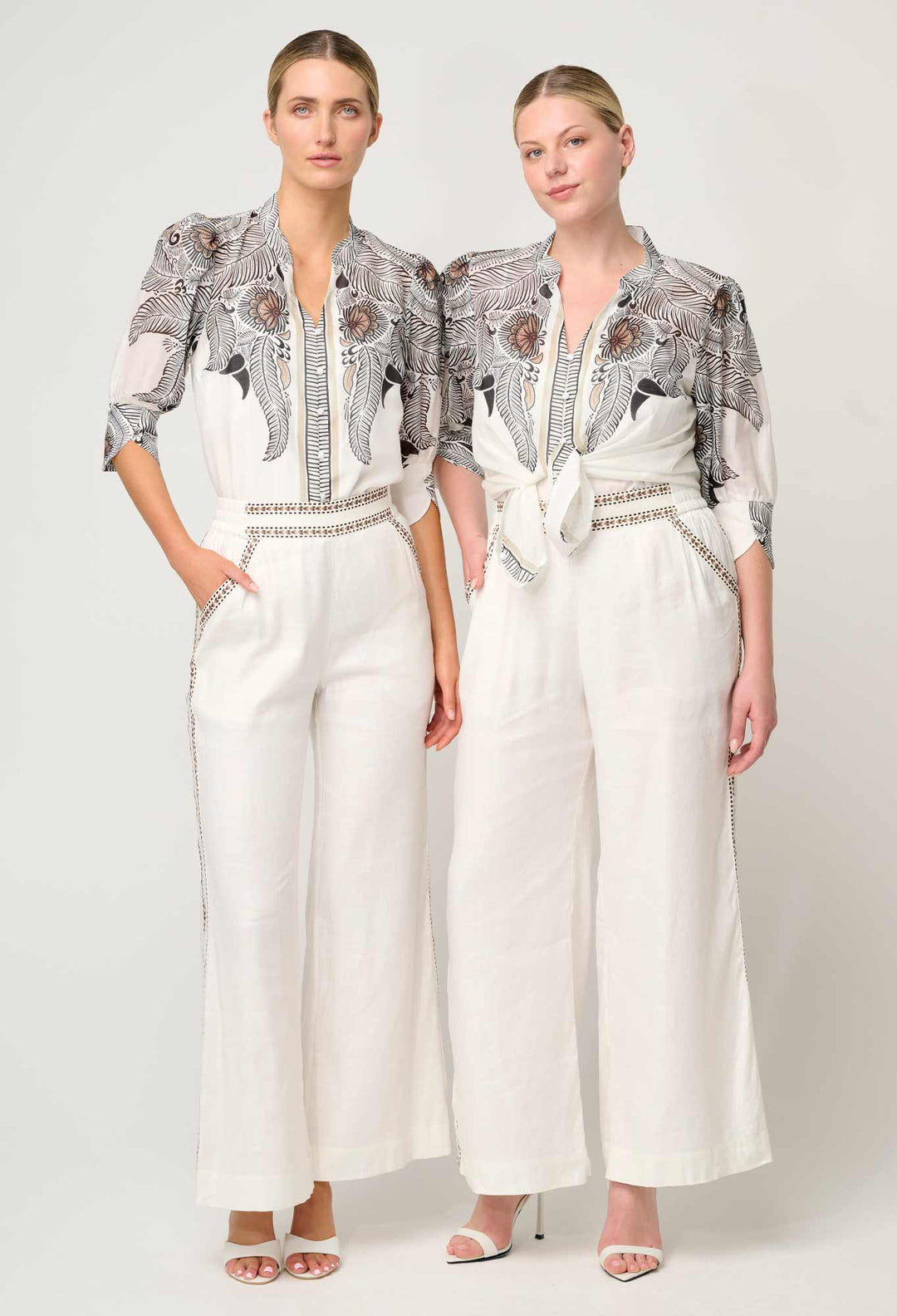 OnceWas Leila Silk Cotton Print Curved Collar Shirt in Ivory Casablanca