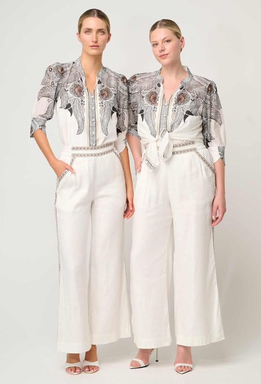 OnceWas Leila Silk Cotton Print Curved Collar Shirt in Ivory Casablanca