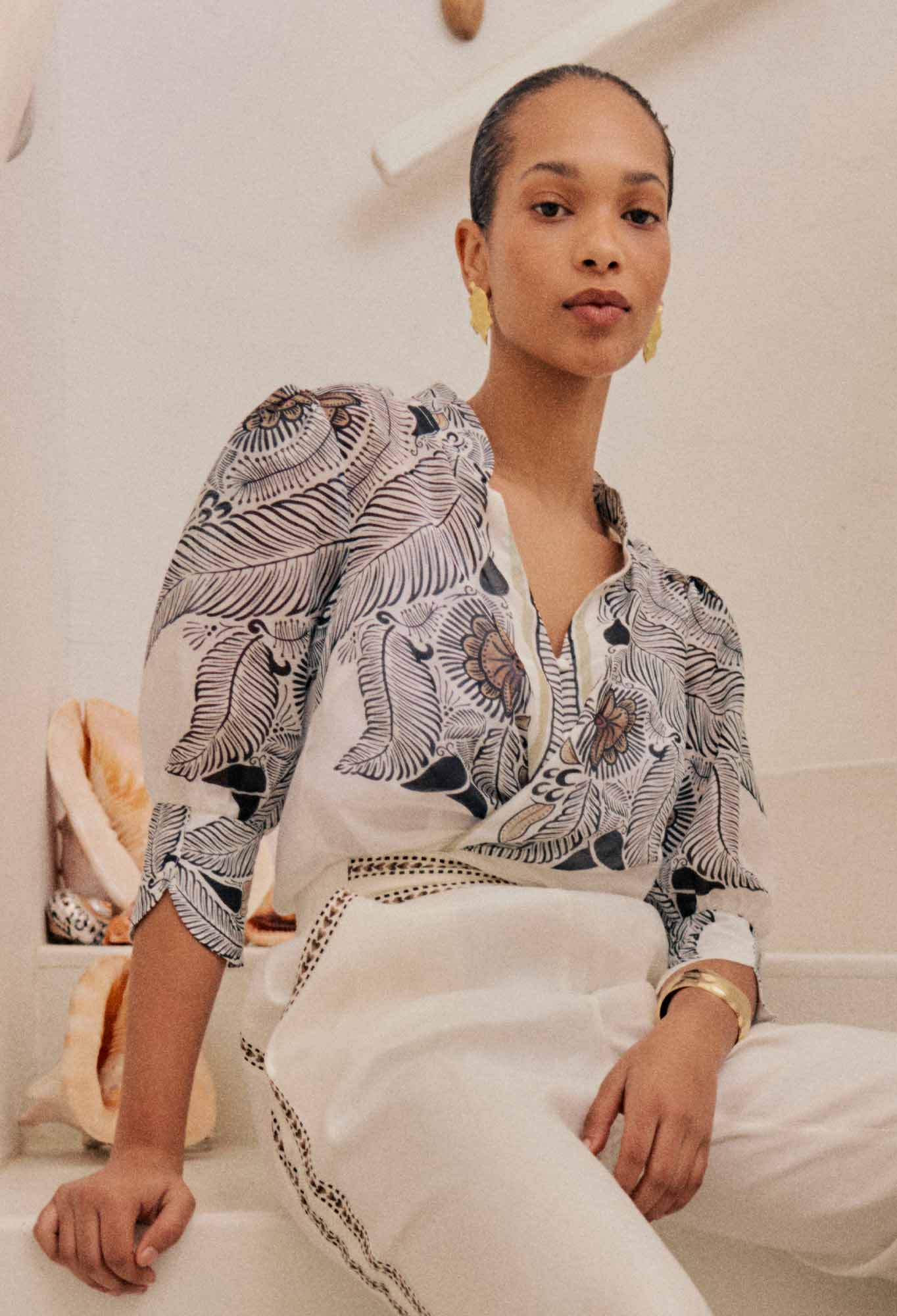 OnceWas Leila Silk Cotton Print Curved Collar Shirt in Ivory Casablanca