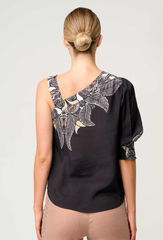 OnceWas Tahani One Sleeve Viscose Top in Onyx Casablanca