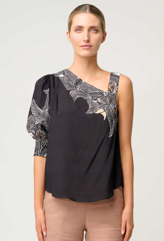 OnceWas Tahani One Sleeve Viscose Top in Onyx Casablanca