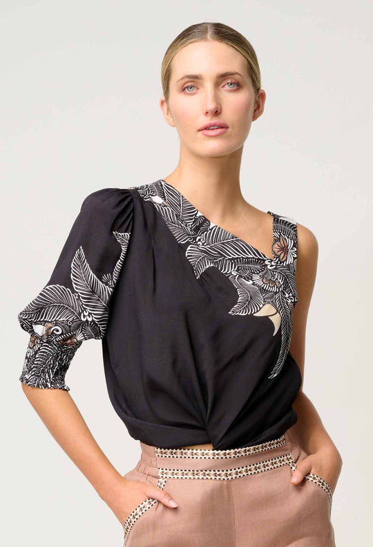 OnceWas Tahani One Sleeve Viscose Top in Onyx Casablanca