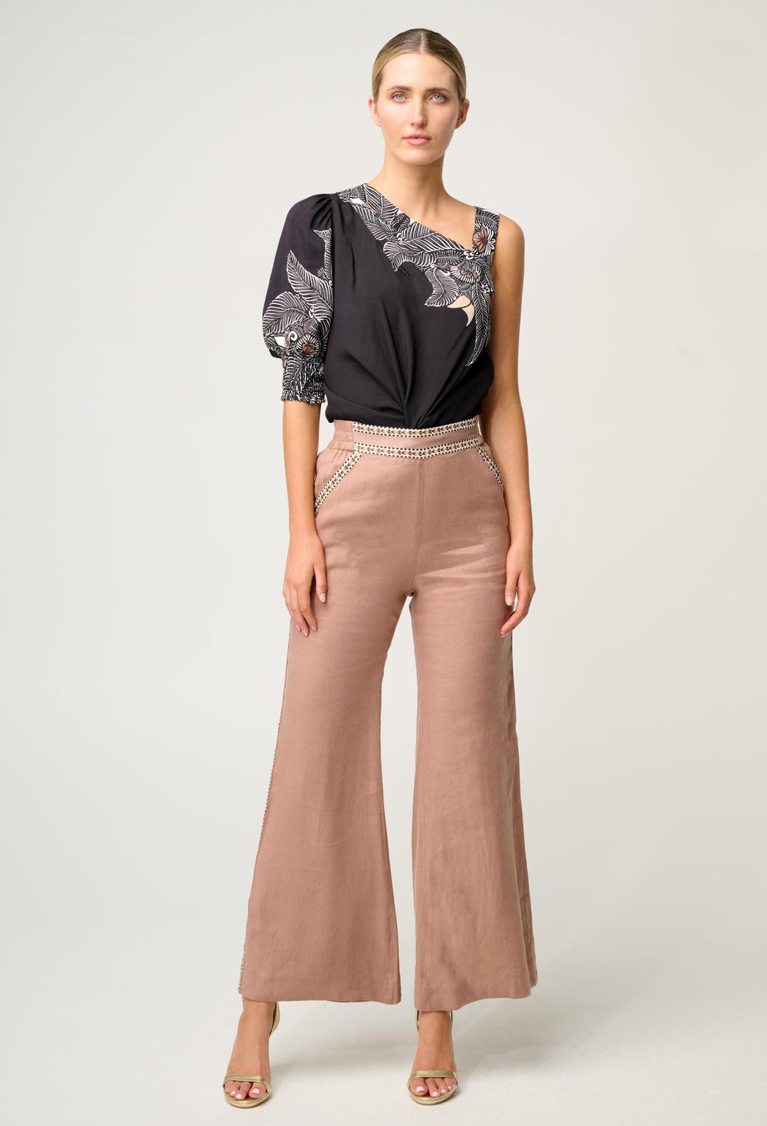 OnceWas Tahani One Sleeve Viscose Top in Onyx Casablanca