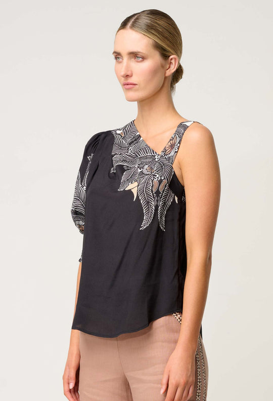 OnceWas Tahani One Sleeve Viscose Top in Onyx Casablanca