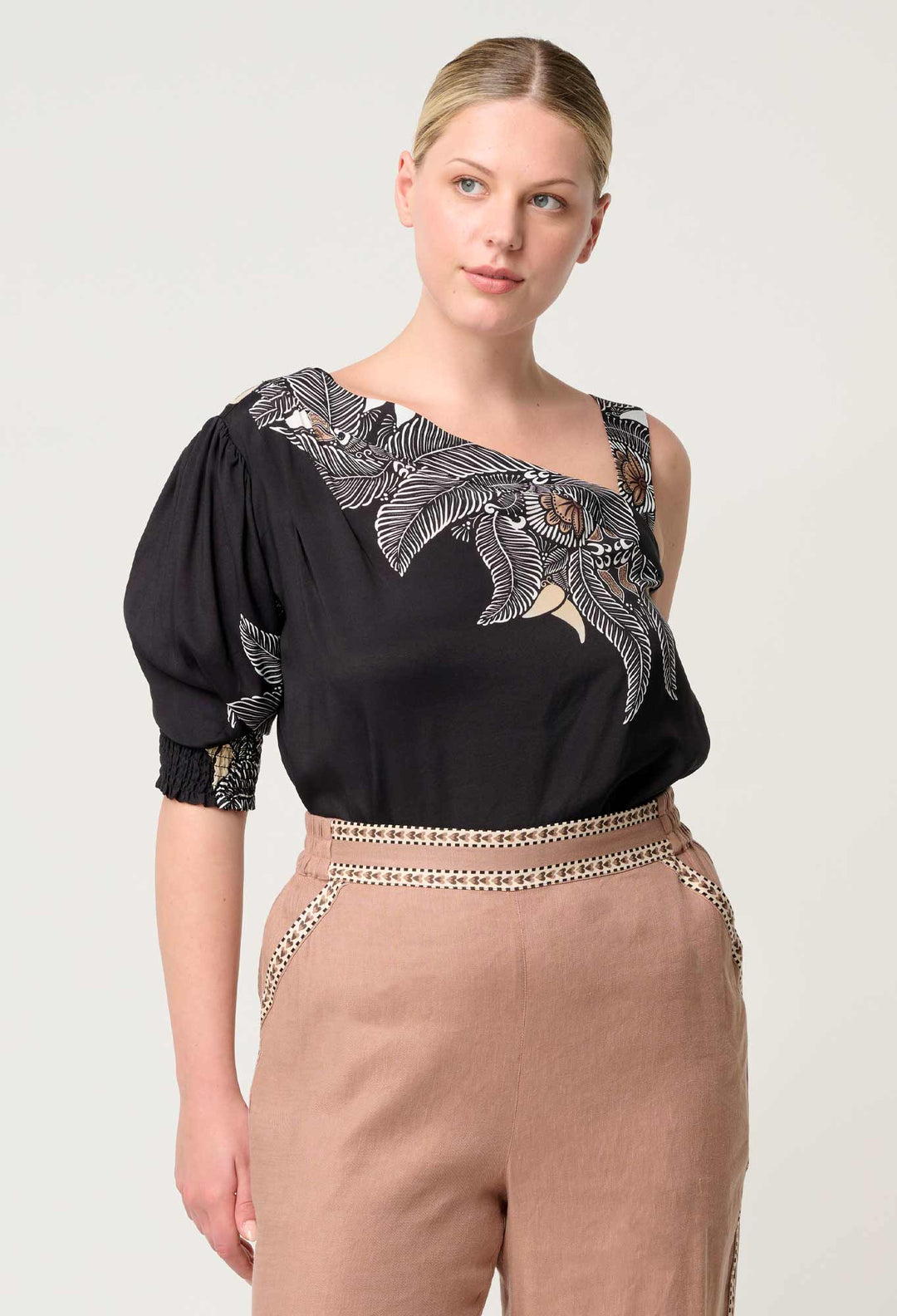 OnceWas Tahani One Sleeve Viscose Top in Onyx Casablanca