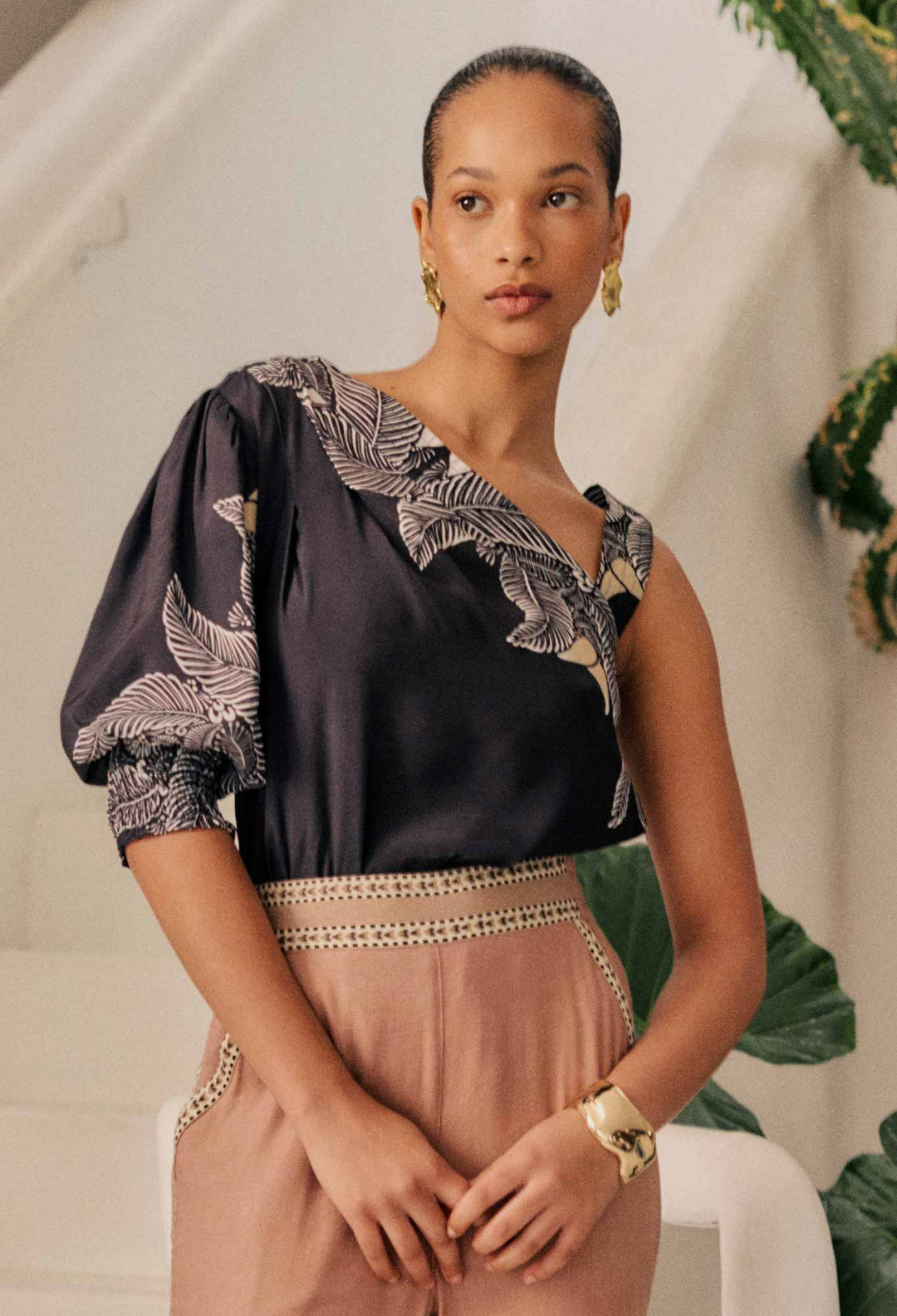 OnceWas Tahani One Sleeve Viscose Top in Onyx Casablanca