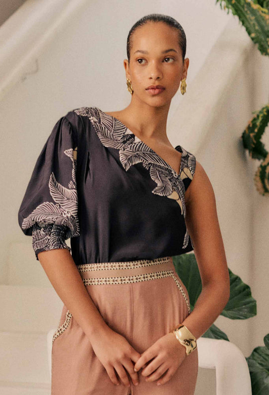 OnceWas Tahani One Sleeve Viscose Top in Onyx Casablanca