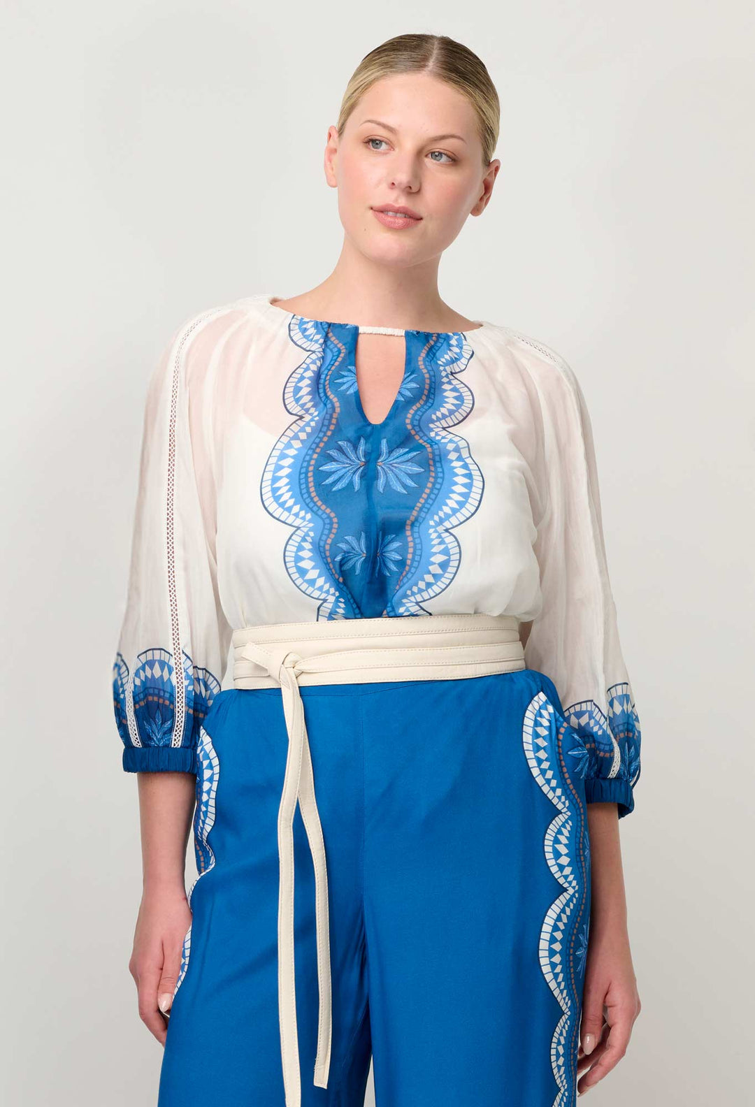 OnceWas Sakina Cotton Silk Blouse in Ivory Jade
