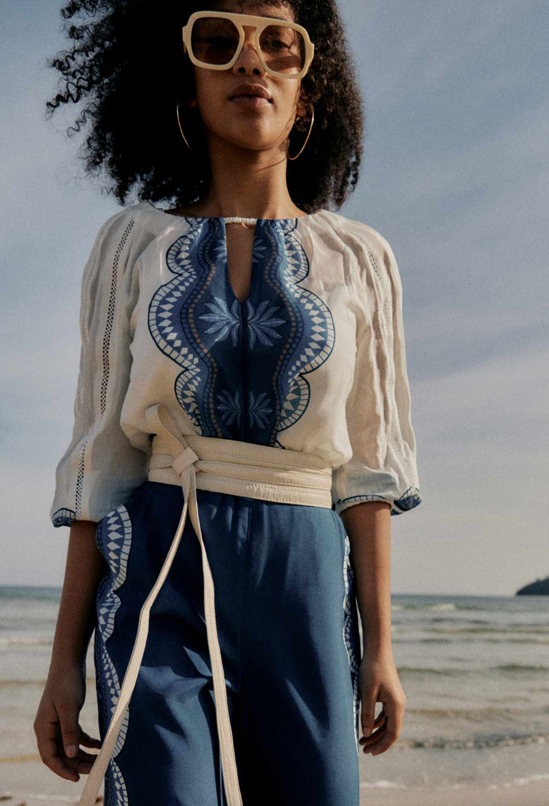 OnceWas Sakina Cotton Silk Blouse in Ivory Jade