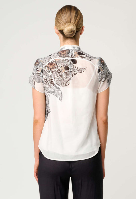 OnceWas Dalia Diamond Smock Yoke Cotton Shirt in Ivory Casablanca