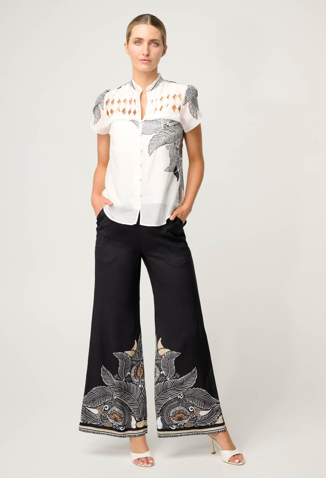 OnceWas Dalia Diamond Smock Yoke Cotton Shirt in Ivory Casablanca