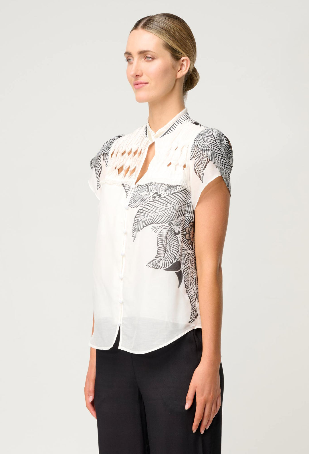 OnceWas Dalia Diamond Smock Yoke Cotton Shirt in Ivory Casablanca