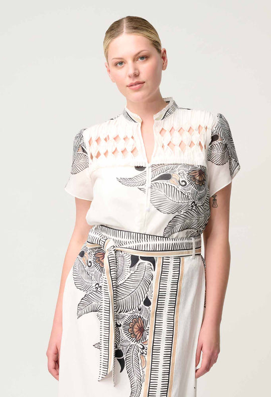 OnceWas Dalia Diamond Smock Yoke Cotton Shirt in Ivory Casablanca