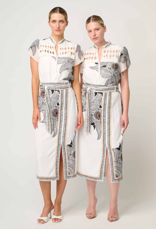 OnceWas Dalia Diamond Smock Yoke Cotton Shirt in Ivory Casablanca