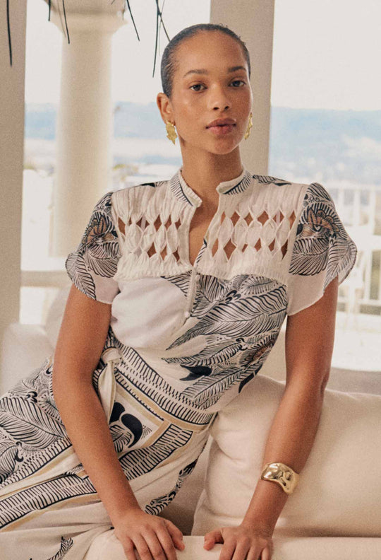 OnceWas Dalia Diamond Smock Yoke Cotton Shirt in Ivory Casablanca