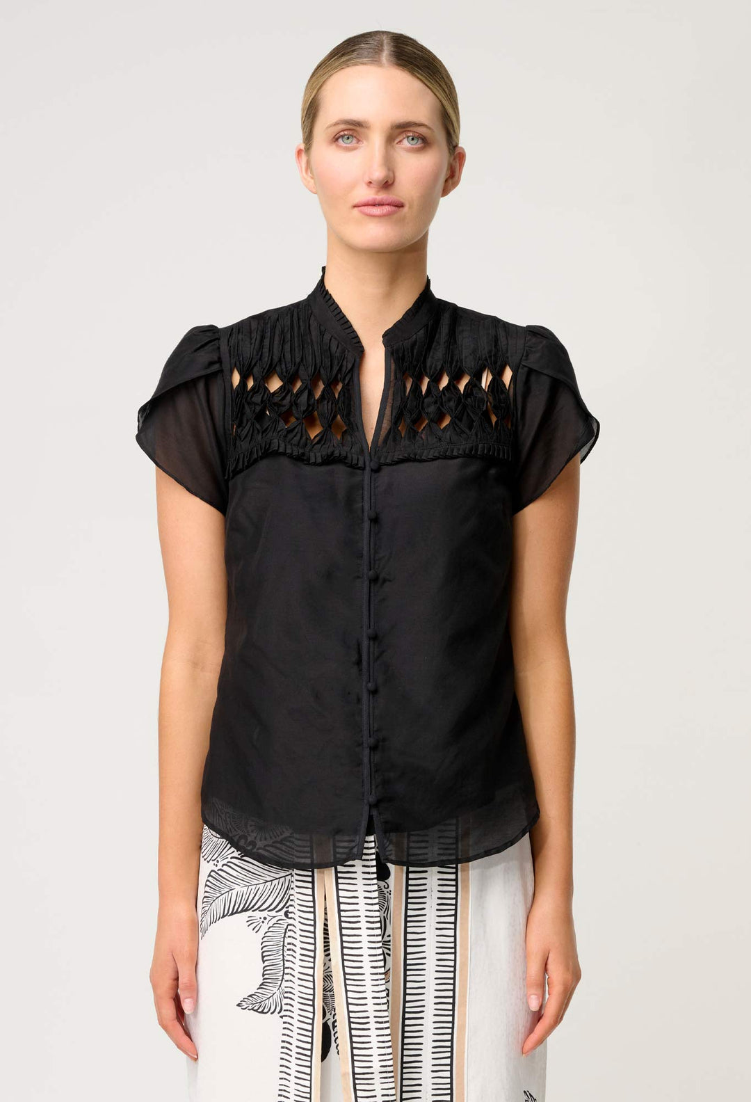 OnceWas Dalia Diamond Smock Yoke Silk Cotton Shirt in Onyx
