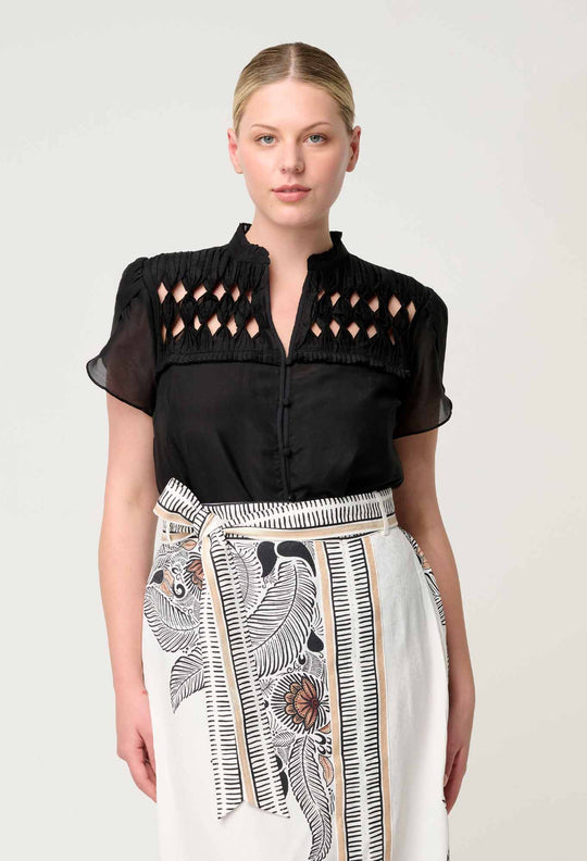 OnceWas Dalia Diamond Smock Yoke Silk Cotton Shirt in Onyx