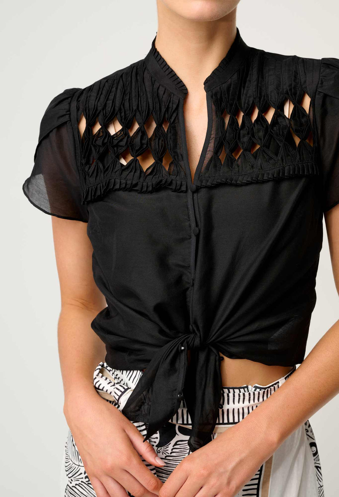 OnceWas Dalia Diamond Smock Yoke Silk Cotton Shirt in Onyx